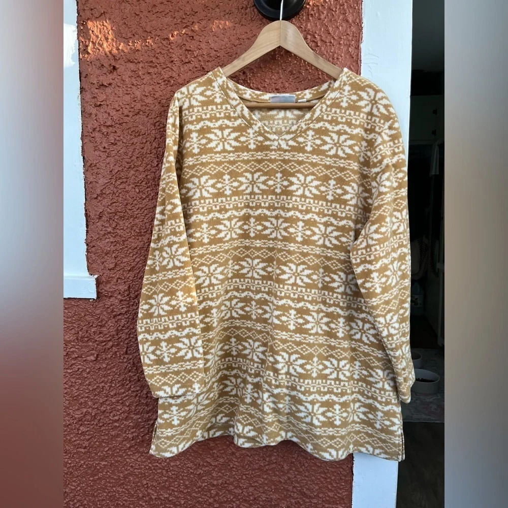 D&Co. Tunic Sweater Women Petite Extra Large Yellow Printed Polar Fleece V-Neck